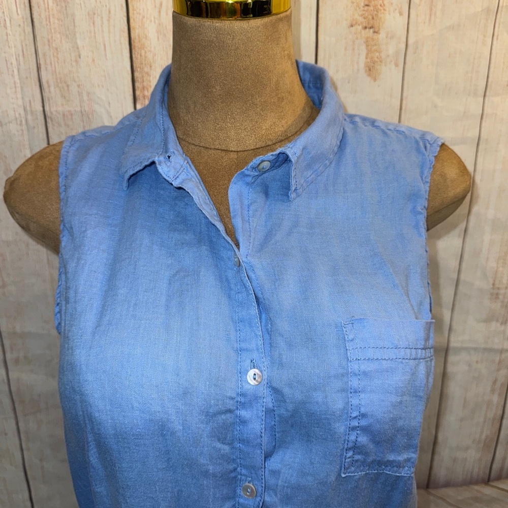 Sigrid Olsen Sleeveless Button-Front Linen Blouse- Blue- L - Picture 2 of 9